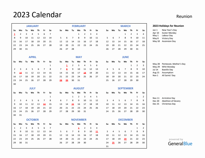 2023 Calendar with Holidays for Reunion