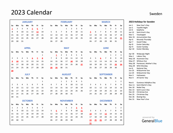 2023 Calendar with Holidays for Sweden