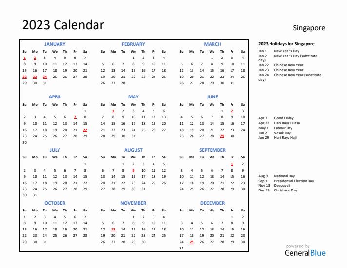 2023 Calendar with Holidays for Singapore