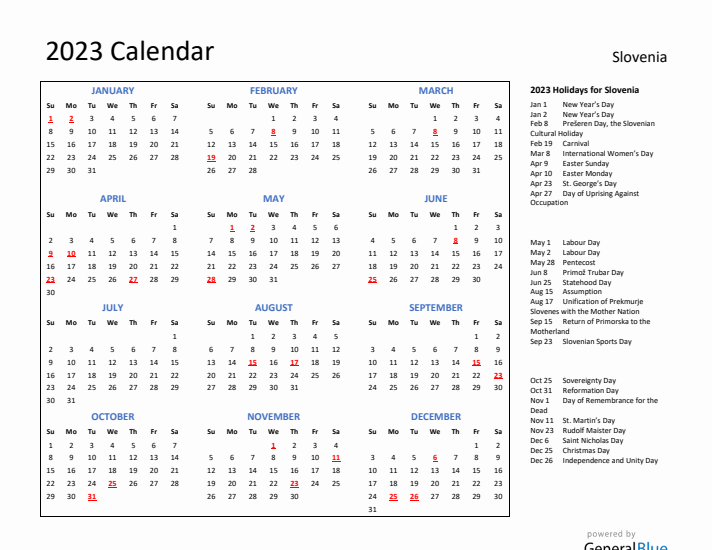 2023 Calendar with Holidays for Slovenia