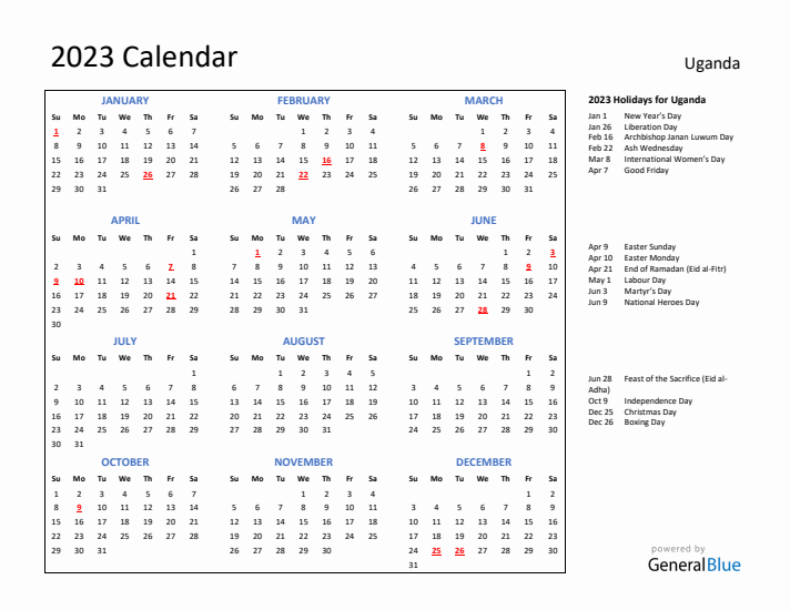 2023 Calendar with Holidays for Uganda