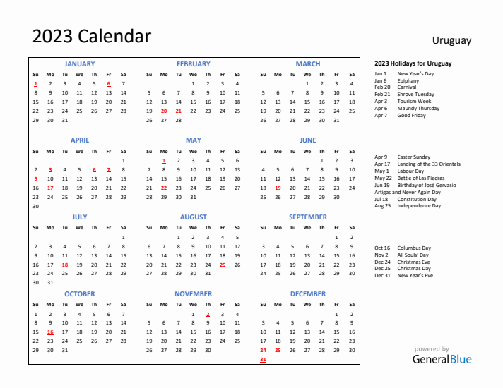 2023 Calendar with Holidays for Uruguay