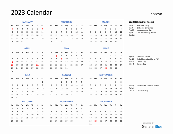 2023 Calendar with Holidays for Kosovo