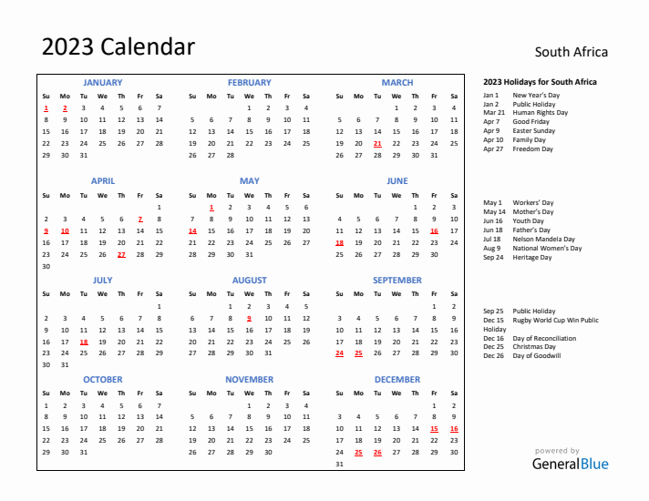 2023 Calendar with Holidays for South Africa