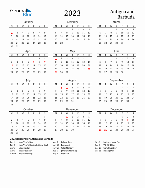 Antigua and Barbuda Holidays Calendar for 2023