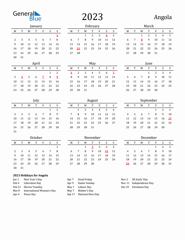 Angola Holidays Calendar for 2023