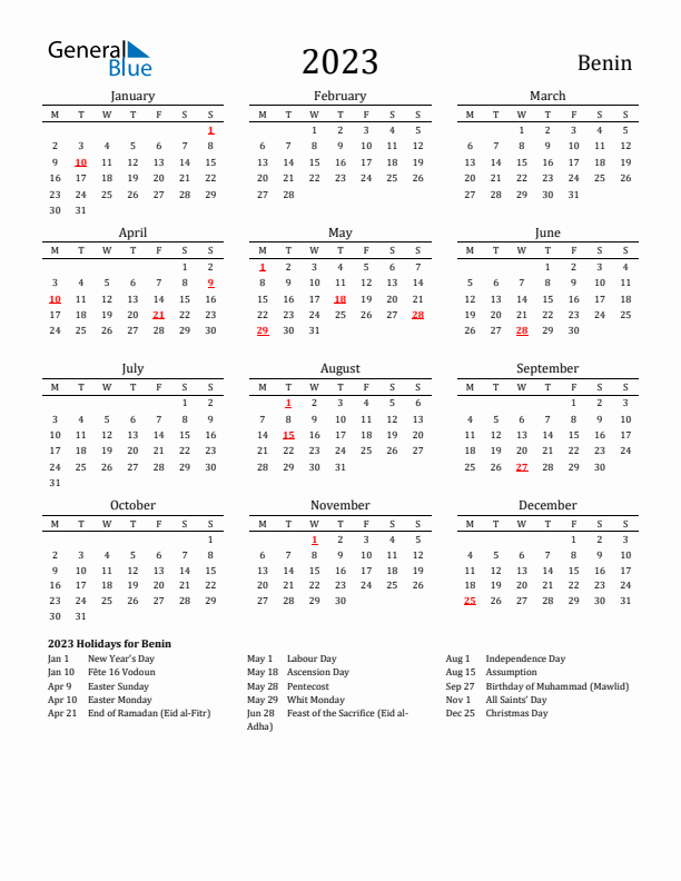 Benin Holidays Calendar for 2023