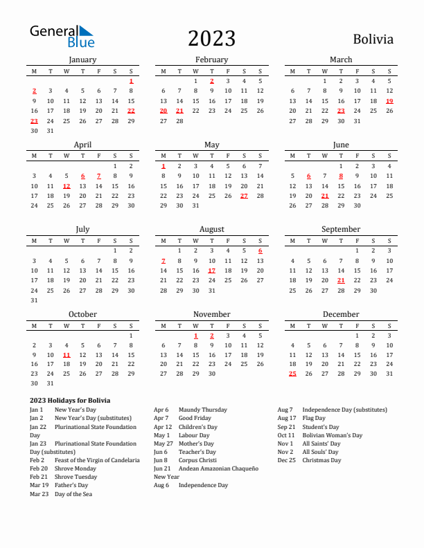 Bolivia Holidays Calendar for 2023