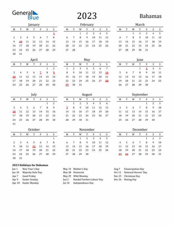 Bahamas Holidays Calendar for 2023