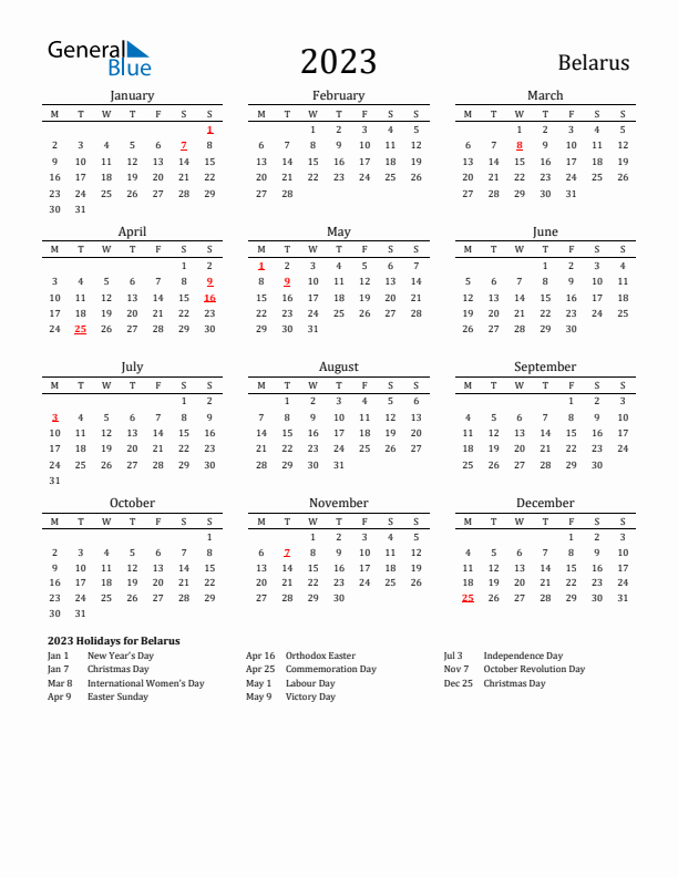 Belarus Holidays Calendar for 2023