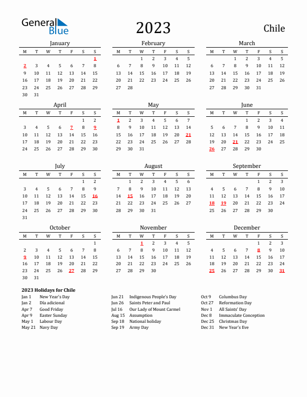 Chile Holidays Calendar for 2023