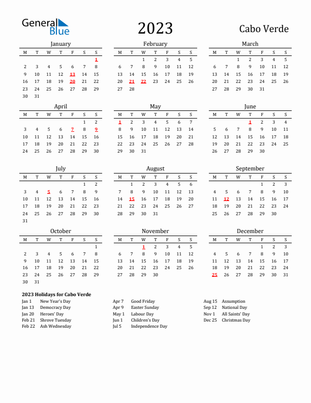 Cabo Verde Holidays Calendar for 2023