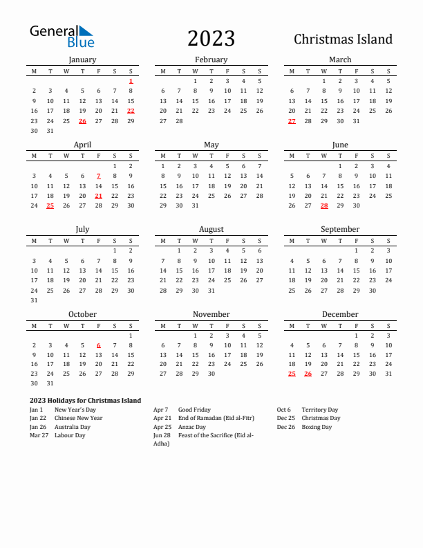 Christmas Island Holidays Calendar for 2023