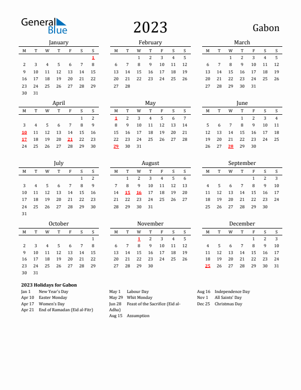 Gabon Holidays Calendar for 2023