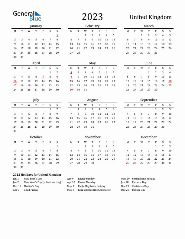 United Kingdom Holidays Calendar for 2023