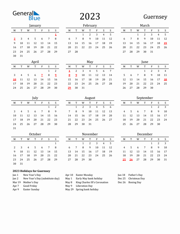 Guernsey Holidays Calendar for 2023