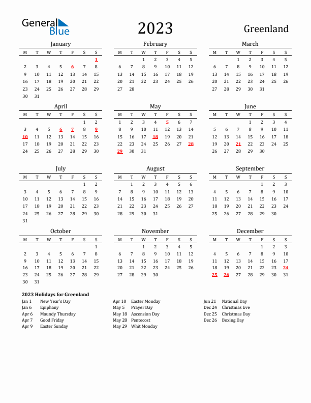 Greenland Holidays Calendar for 2023