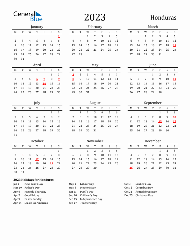 Honduras Holidays Calendar for 2023