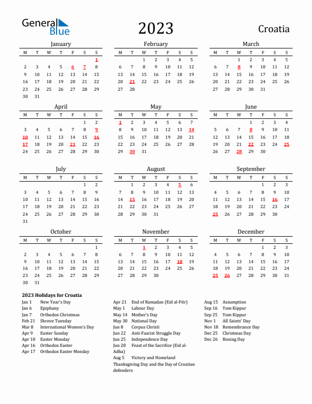 Croatia Holidays Calendar for 2023