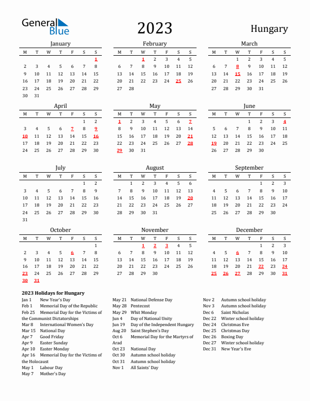 Hungary Holidays Calendar for 2023