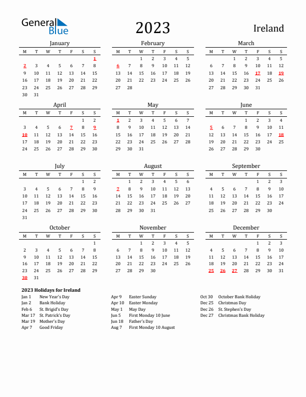 Ireland Holidays Calendar for 2023