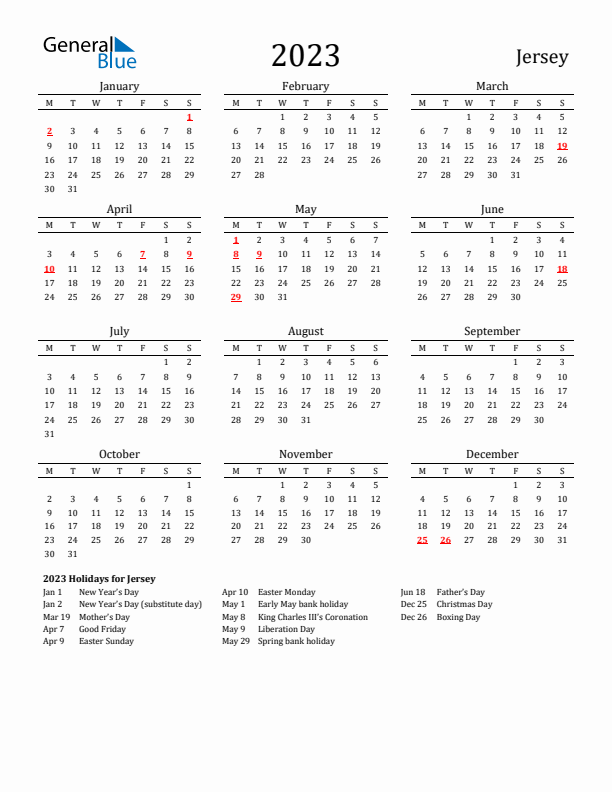 Jersey Holidays Calendar for 2023