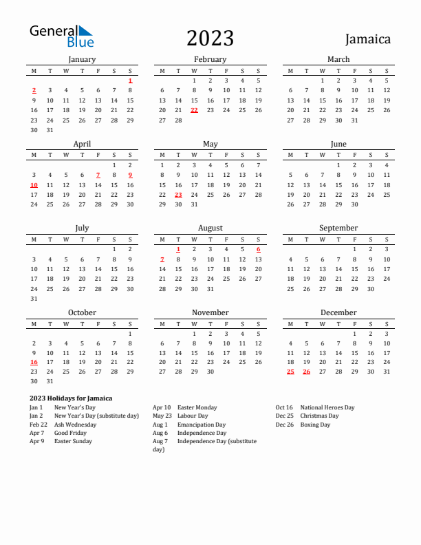 Jamaica Holidays Calendar for 2023