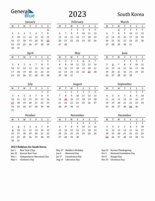 South Korea Holidays Calendar for 2023