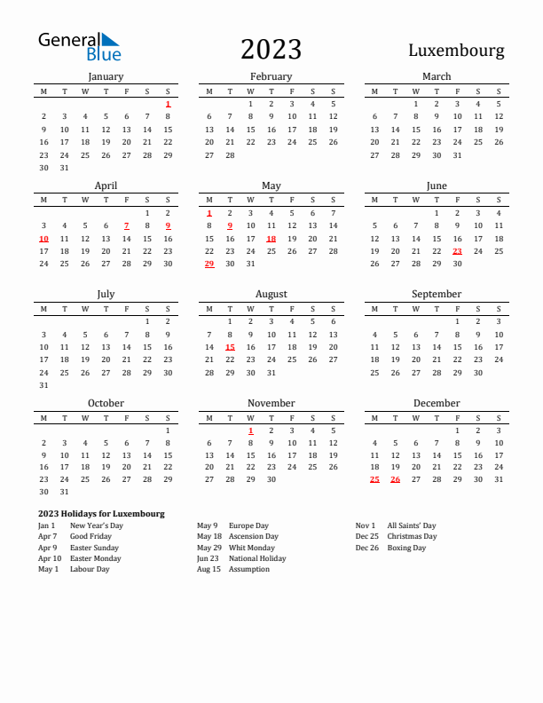 Luxembourg Holidays Calendar for 2023