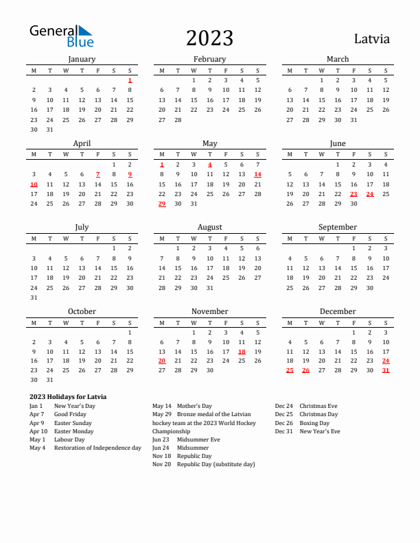 Latvia Holidays Calendar for 2023