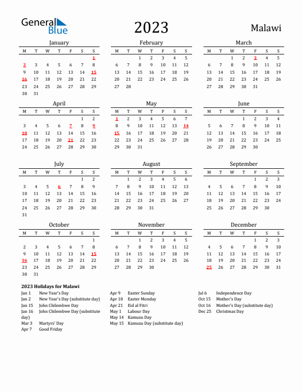 Malawi Holidays Calendar for 2023