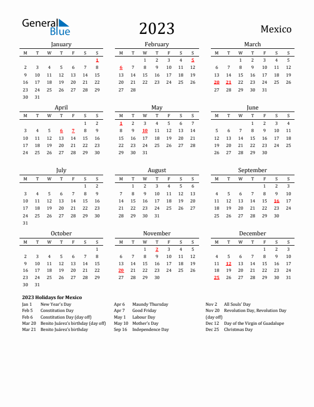 Mexico Holidays Calendar for 2023