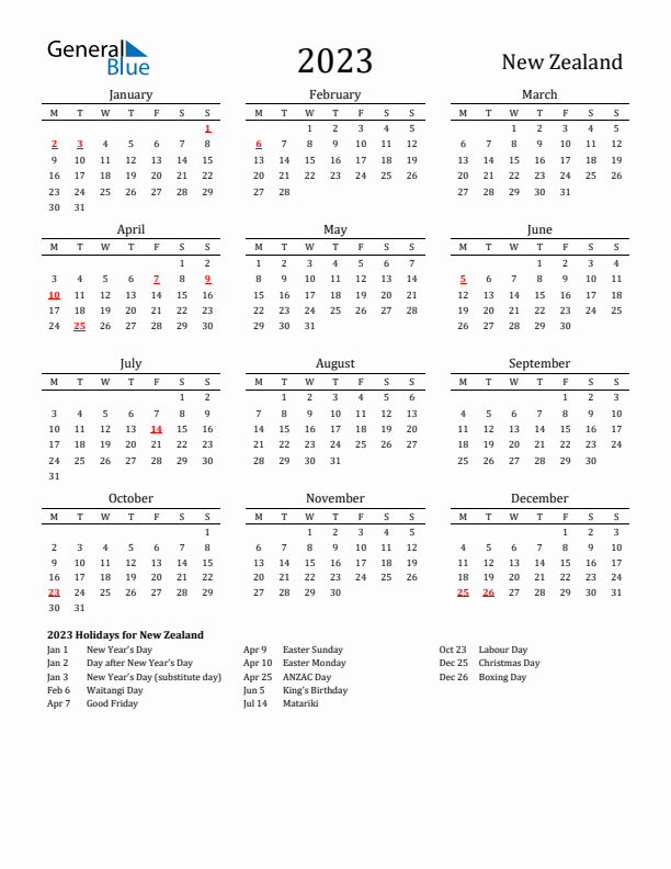 New Zealand Holidays Calendar for 2023