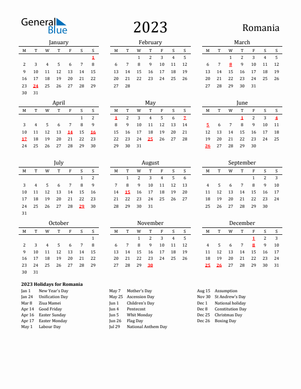 Romania Holidays Calendar for 2023