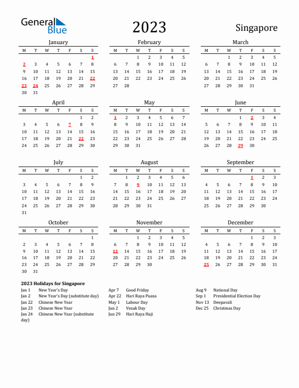 Singapore Holidays Calendar for 2023