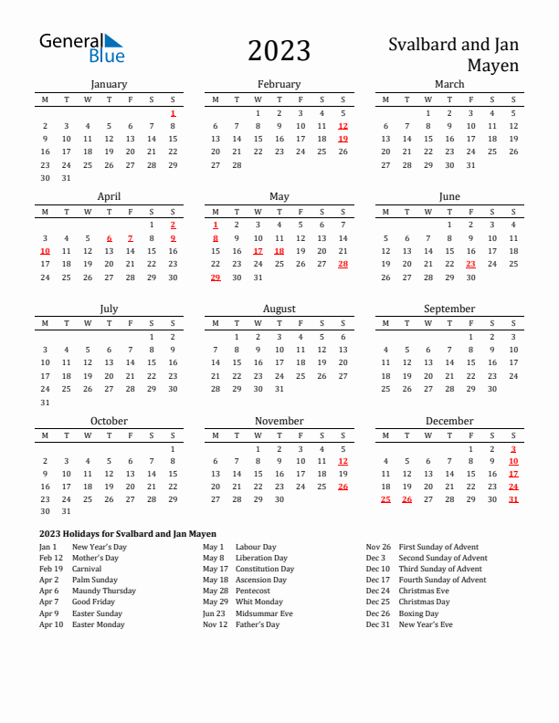 Svalbard and Jan Mayen Holidays Calendar for 2023