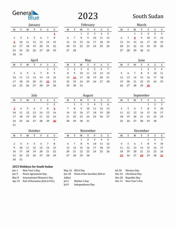 South Sudan Holidays Calendar for 2023