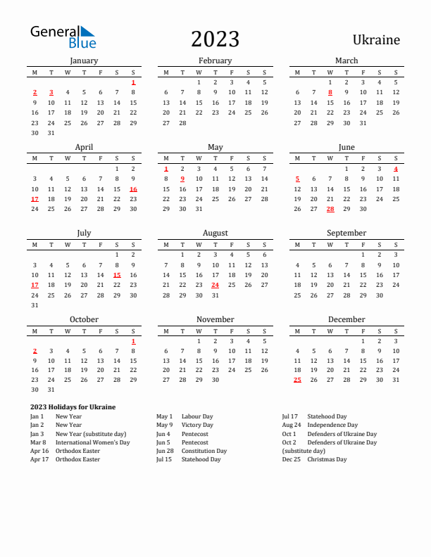 Ukraine Holidays Calendar for 2023