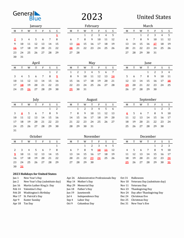 United States Holidays Calendar for 2023