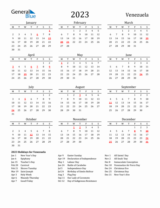 Venezuela Holidays Calendar for 2023