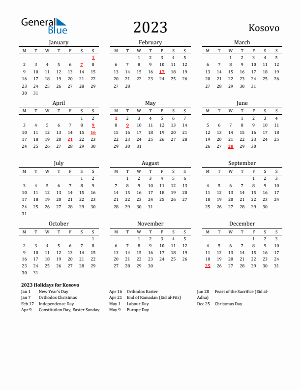 Kosovo Holidays Calendar for 2023