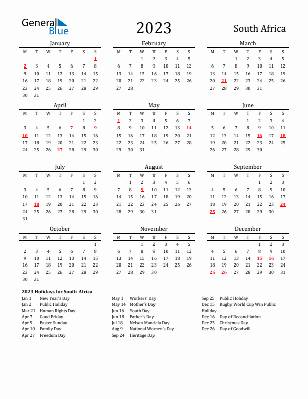 South Africa Holidays Calendar for 2023