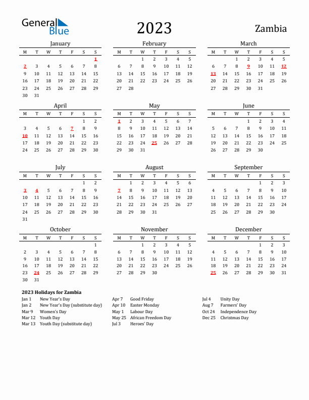 Zambia Holidays Calendar for 2023