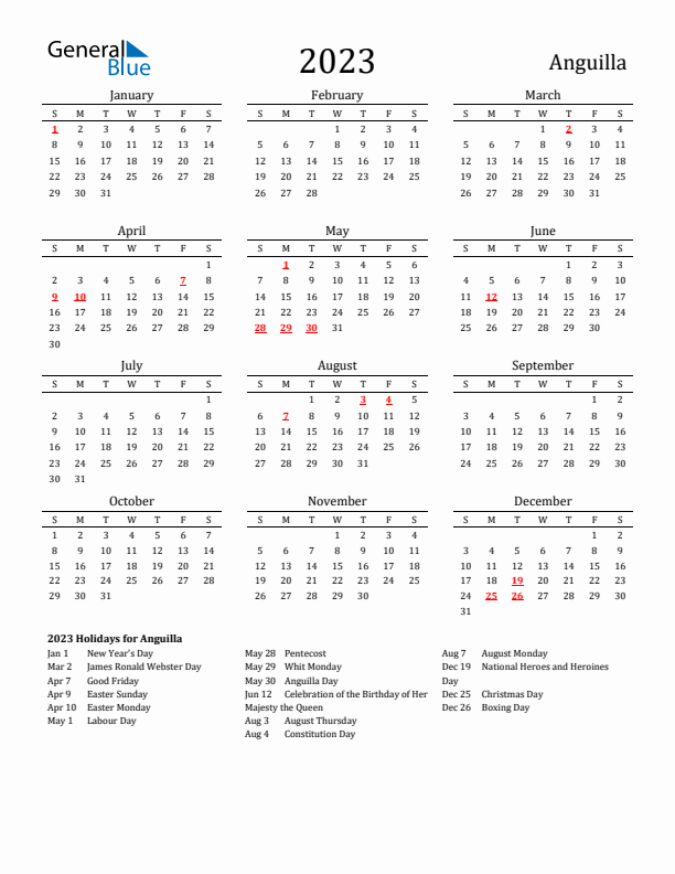 Anguilla Holidays Calendar for 2023