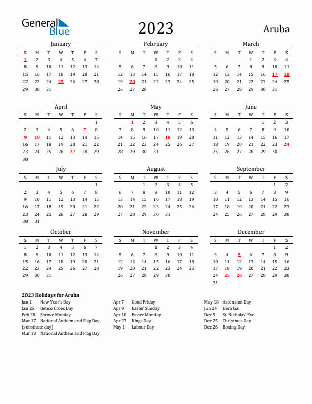 Aruba Holidays Calendar for 2023