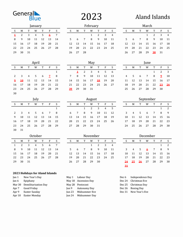 Aland Islands Holidays Calendar for 2023