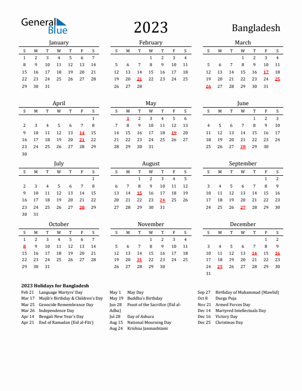 Bangladesh Holidays Calendar for 2023