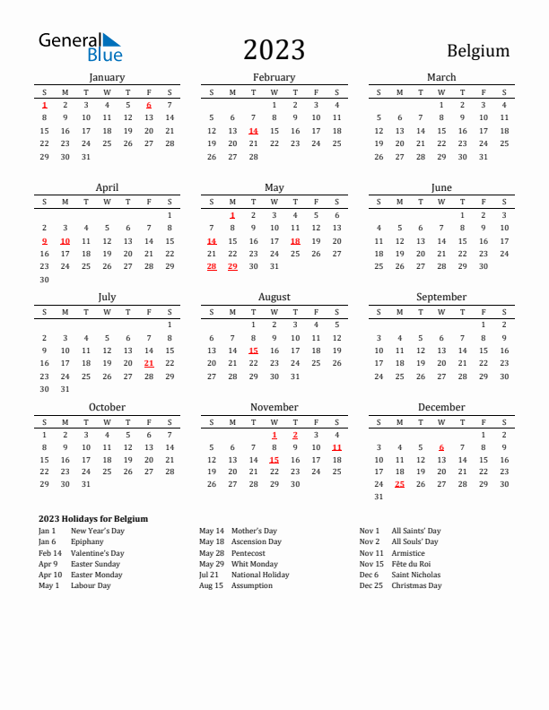 Belgium Holidays Calendar for 2023