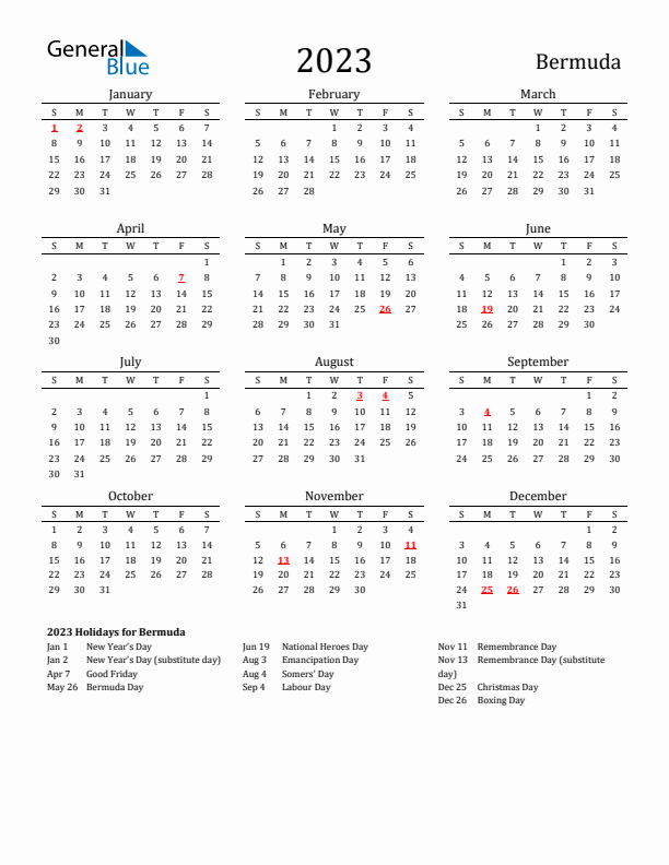 Bermuda Holidays Calendar for 2023