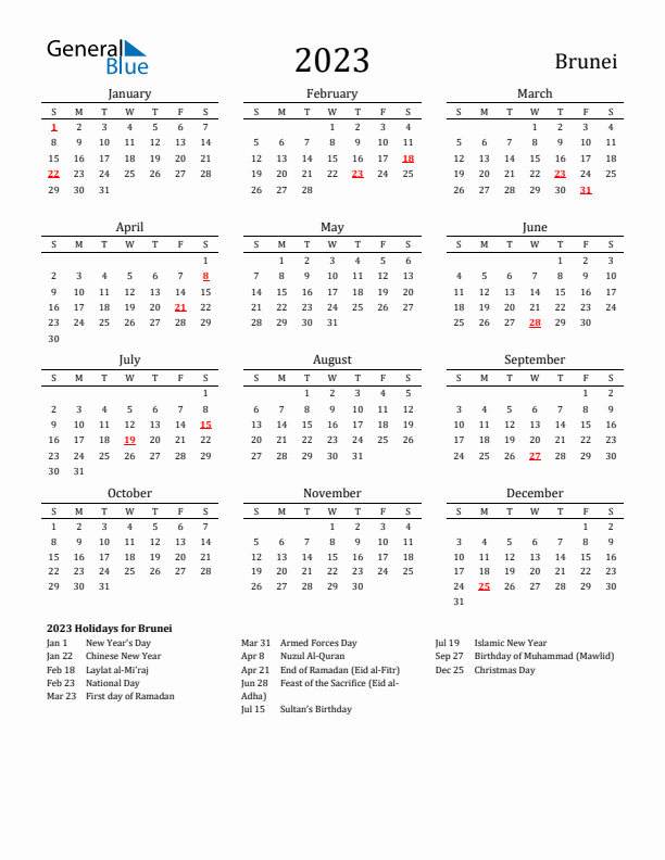 Brunei Holidays Calendar for 2023